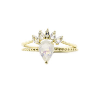 El anillo de oro macizo de 14 quilates más vendido, juego de dos anillos de topacio blanco para ocasión de compromiso de boda, producido en 10K/18K - Product Image 1