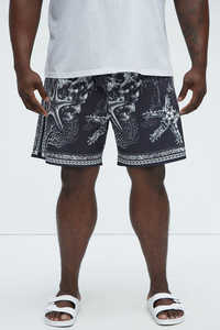 <b>Mens</b> Ocean Themed <b>Black</b> Swim <b>Shorts</b> with Starfish and Coral Print Adjustable Drawstring Waist Quick Dry Fabric Beachwear - Product Image 5