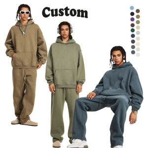 Ensemble de survêtements 2 pièces de couleur unie de haute qualité avec impression de logo personnalisé survêtements d'hiver de grande taille avec sweats à capuche pantalons de survêtement - Product Image 1