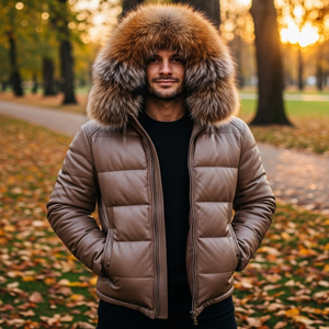 Veste en cuir matelassée pour homme avec capuche en fourrure de renard, veste décontractée respirante pour l'été - Product Image 3