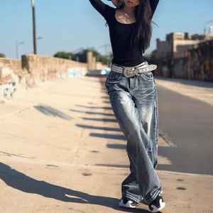 Pantalones vaqueros de pierna ancha teñidos con lazo marrón retro para mujer, pantalones vaqueros lavados rectos sueltos, pantalones vaqueros negros hechos a mano, otra categoría de producto - Product Image 6