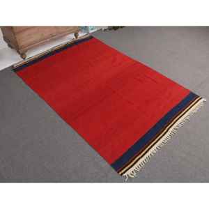 Alfombra vintage, alfombra turca de 4.4x6.6 pies, alfombra de lana con motivos de plantas y árboles en rojo y azul - Product Image 1