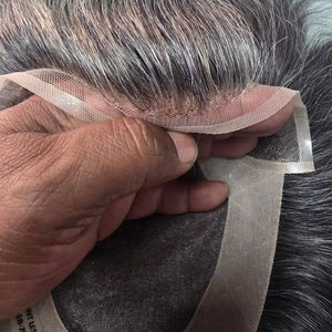 Taz Hair BD Fusion Perruque toupet en cheveux humains Remy à trame nouée à la main, base en dentelle frontale, couleur mixte 1B, patchs capillaires gris, prothèse capillaire - Product Image 1