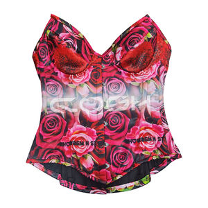 Corset en satin imprimé roses rouges, bustier romantique à baleines en acier pour l'amélioration de la silhouette, vente en gros, fabricant et fournisseur - Product Image 5