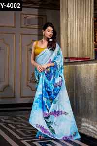 Saree en soie de satin de fantaisie indien avec impression numérique avec des pièces de chemisier en soie Moonga pour la fête et le festival Wear Saree de créateur - Product Image 3