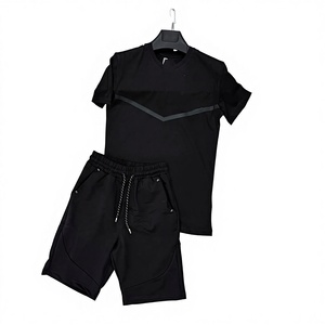 Mens Black T Shirt Shorts <b>Set</b> Summer Casual Two Piece Outfit Terry Fabric Eco-Friendly Elastic Waist Short Sleeve Minimal Street - Product Image 1