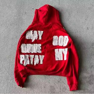 Nouvelle mode Vintage haut court en détresse Patch personnalisé broderie lavé à l'acide sweats à capuche en éponge française - Product Image 6