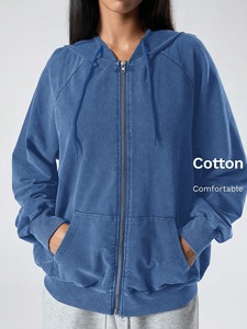 <b>Ladies</b> Oversized Zip Up Hoodie 100% Cotton Fleece Heavy <b>Weight</b> Windbreaker Boxy Crop Acid Wash Vintage Look Sweatshirt Hoodies - Product Image 2