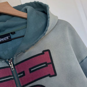 Top Quality Custom Printed Frayed Hooded <b>Zip</b>-Up <b>Hoodie</b> for <b>Men</b> Sun Faded Acid Wash Streetwear 100% Cotton Rhinestone <b>Hoodie</b> - Product Image 5