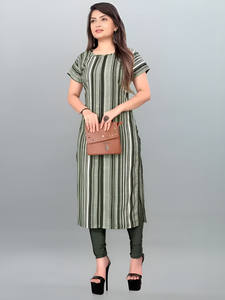 Green Crepe Printed Ethnic Silk <b>Kurti</b> for Women Casual Stylish Party Festive Occasions Heavy Sleeveless for Indian Style - Product Image 2