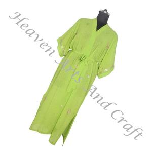 Bohemio indio hecho a mano Vintage seda Sari Floral impreso ropa de dormir Albornoz Maxi vestido étnico playa verano venta al por mayor KL017 - Product Image 3