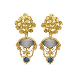 Pendientes largos de piedras preciosas chapados en oro, diseño único, lapislázuli y chaceldony gris, Pendientes colgantes, novedad - Product Image 1