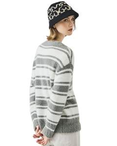 Customized Grey <b>White</b> Striped <b>Women</b> V Neck Knit Sweater Soft Fuzzy Fabric Long Sleeve Winter Casual Pullover Fashion Top - Product Image 3