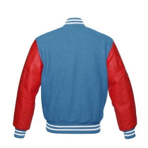 Veste universitaire unisexe en laine bleue avec manches en cuir PU rouge, coupe classique, col montant, décontractée, hiver, logo frontal - Product Image 2