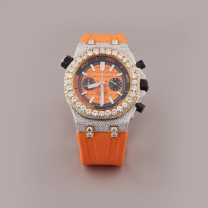 Montre chronographe de luxe antique en moissanite glacée, cadran en verre, bracelet en caoutchouc de 20 mm, cadran orange, design personnalisé avec diamants, acier inoxydable - Product Image 1