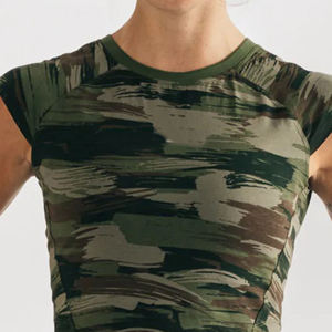 Manches cape ajustées en 95% coton 5% Spandex pour femme, encolure ras du cou en forme de Raglan, toile d'olive, camouflage, ourlet court, t-sh - Product Image 6