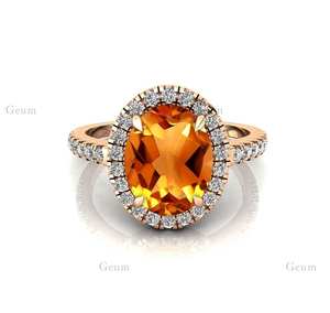 Bague de pierres précieuses citrine naturelle faite à la main 100% véritable ovale en or massif 18 carats ornée de vrais diamants bijoux fins pour femmes - Product Image 1
