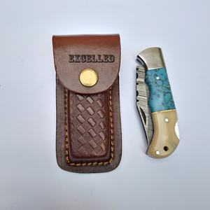 Damasco personalizado hecho a mano multifuncional supervivencia al aire libre cuchillo plegable hueso y mango de resina cuchillo de bolsillo con Funda de cuero - Product Image 3