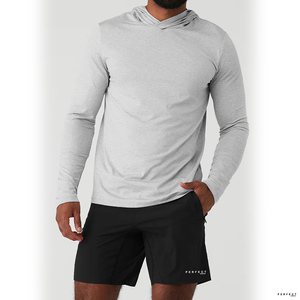 ชุดกางเกงขาสั้นสองชิ้นแฟชั่นฤดูร้อนสำหรับผู้ชายชุดออกกำลังกายเล่นฟิตเนสแบบผ้าสแปนเด็กซ์แห้งและมีฮู้ดแขนยาวชุดวอร์มสีพื้น - Product Image 4