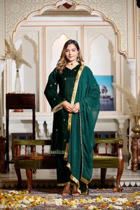 Women's Allover <b>Viscos</b> Velvet Jari Threads Embroidered Butti Lace Half Sleeve Party Salwar Kameez Indian Pakistani Heavy Faux - Product Image 4