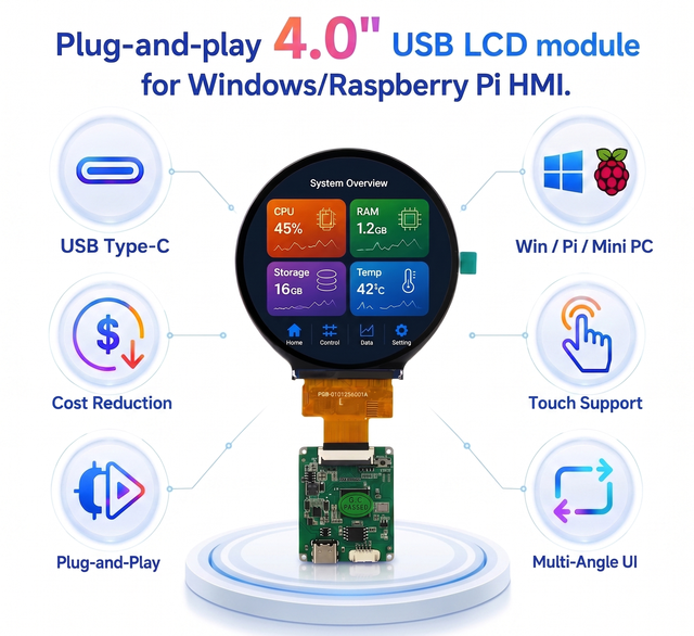 4" Round USB 2.0 Interface TFT LCD Display Module 720x720 Circular IPS Screen HMI Display for Raspberry Pi 4B and Windows 10/11