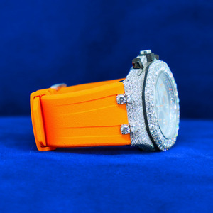 Montre chronographe mécanique Miyota avec mouvement analogique, boîtier en acier inoxydable de luxe personnalisé, bracelet en caoutchouc orange, diamant moissanite, saphir - Product Image 2