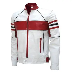 男士自行车手红色条纹设计修身白色皮夹克完全定制，配有原装羊皮前闭合风格按钮