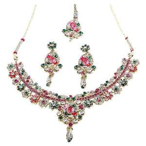 Kriaa Gold Plated <b>Necklace</b> Set with <b>Pink</b> Green Austrian Stone 1100606 Fashionable Jewelry Set - Product Image 1