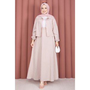 Conjunto de Dos Piezas de Chifón Beige a Rayas, Talla XS, Top y Falda Corta para Primavera/Verano, Método de Tejido - Product Image 4