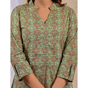 Green Georgette <b>Block</b> <b>Printed</b> Straight Kurti Ankle-Length Indian Dress Pakistani for Party Wear Includes Salwar Kameez Saree - Product Image 2