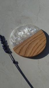 Juego de posavasos de madera y piedra ecológico hecho a mano con madera sostenible, alfombrillas redondas para tazas de té con acabado liso para el hogar, - Product Image 2