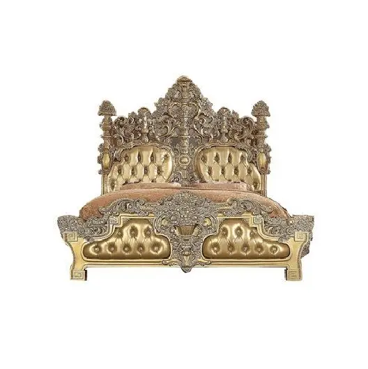 Europese High-End Gesneden Teakhouten Bed Goud Gepolijst Kingsize Bed Royal Golden Kingsize Size Master Bed