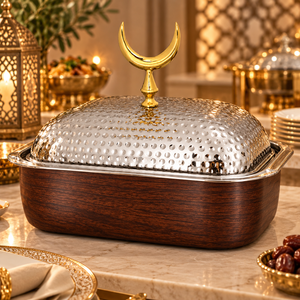 Casserole de luxe en acier inoxydable avec couvercle en dôme martelé, corps en bois foncé, poignée en forme de croissant, diamètre 24 cm, chauffe-plat isolé - Product Image 3