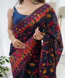 À LA MODE BANARASI SOIE DOUCE TISSANT TRAVAIL SAREE AVEC BLOUSE INCOSÉE VÊTEMENT DE FÊTE PRIX DE GROS VÊTEMENT ETHNIQUE BLEU MARINE - Product Image 3