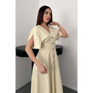 เดรสผ้าป๊อปลินสีเหลืองติดกระดุมยาวปานกลาง - สีเหลือง - Product Image 3