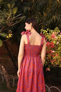 Nueva moda Floral naranja Smocked Midi vestido para mujer señoras estampado Sexy A-Line sin mangas poliéster liso teñido temporada de otoño - Product Image 4