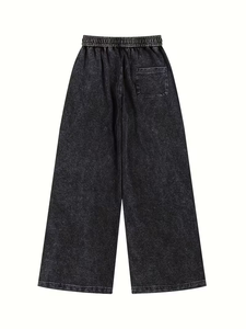 Men's Vintage-Style Deep Black Drawstring High-Waisted Wide-Leg Casual Pants Knit denim acid wash trousers made in Bangladesh - Product Image 2