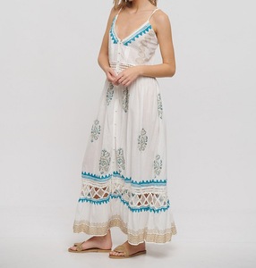 DESIGNER LONG SLEEVELESS WHITE DRESS <b>GOLD</b>/BLUE DETAILS V NECK <b>BUTTON</b> DECORATION WAIST ONE SIZE 100% Organic Cotton Eco-Friendly - Product Image 1