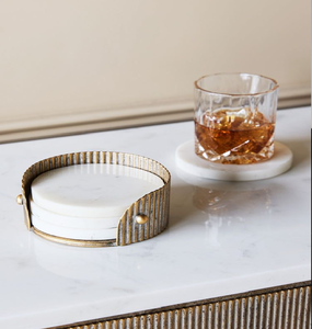 Clean <b>white</b> marble <b>coasters</b> in a fluted brass holder. Sophisticated style available at wholesale prices. - Product Image 1