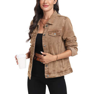 Veste en jean marron amande prix usine pour femme, 100 % coton, col rabattu, coupe oversize, veste en jean tricotée pour femme - Product Image 5