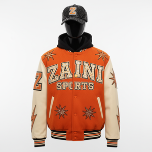 Veste universitaire en laine 450GSM de haute qualité, logo personnalisé, manches crème orange brodées en chenille, vêtements de mode, veste universitaire pour hommes - Product Image 1