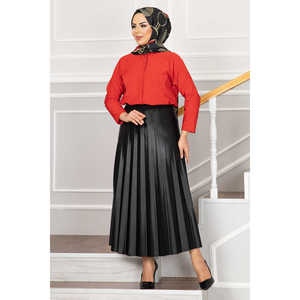 Black Satin Hijab <b>Skirt</b> with <b>Elastic</b> Waistband Pleated and Shiny Feature - Product Image 1