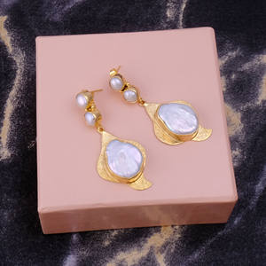 Three Stone Designer <b>Studs</b> <b>Earrings</b> with White Freshwater Pearl Uneven round Shape Collet <b>Set</b> Fancy Stylish Jewelry - Product Image 3