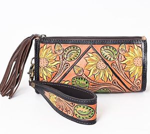 Hand <b>Tooled</b> Carving Leather Wallet Clutch Phone <b>Case</b> Stylish Cowhide Leather Wallets Turquoise Color Wallet for Women - Product Image 1