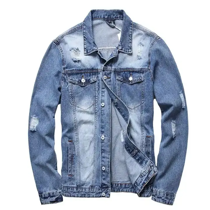 Jaqueta jeans rasgada estilo jeans para homens, moda de inverno, jaqueta de fábrica por atacado e personalizada