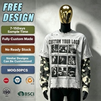 T-shirts imprimés camouflage personnalisés de haute qualité, en coton, pour hommes, style streetwear déchiré, surdimensionné, double couche, manches longues
