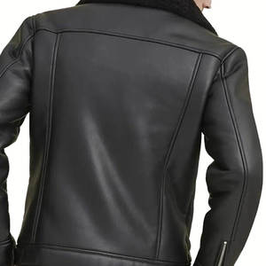 Veste bomber en cuir et fourrure de mouton écologique coupe-vent professionnelle grande taille slim fit pour hommes - Product Image 6