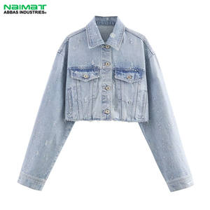 Veste en jean courte en gros pour femmes, veste en jean à paillettes, manches longues, ourlet brut, haut décontracté pour femmes, vêtements d'extérieur en fourrure - Product Image 6