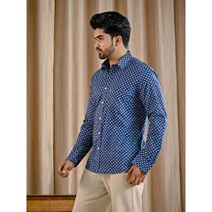 Chemise décontractée bleue 100% coton imprimée à manches longues, tissu popeline respirant, motif floral et à pois, taille 6XL, offre ODM - Product Image 4