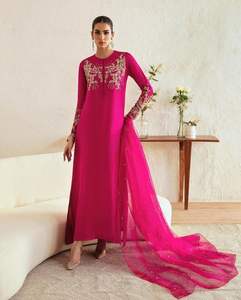 2024 dernière tendance indien/pakistanais belle broderie travail embelli Dabka pierre longue Kurta pantalon robe bouton à paillettes - Product Image 1